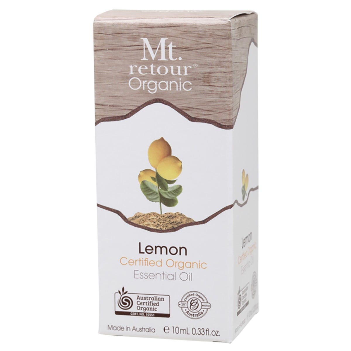 Mt Retour 10ml Lemon Essential Oil in an amber glass bottle with a white cap and yellow label.