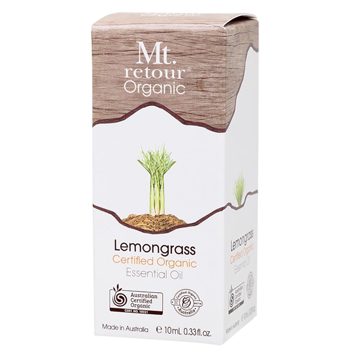 10ml bottle of Mt. Retour 100% Lemongrass Essential Oil with a black dropper cap and green and white label.