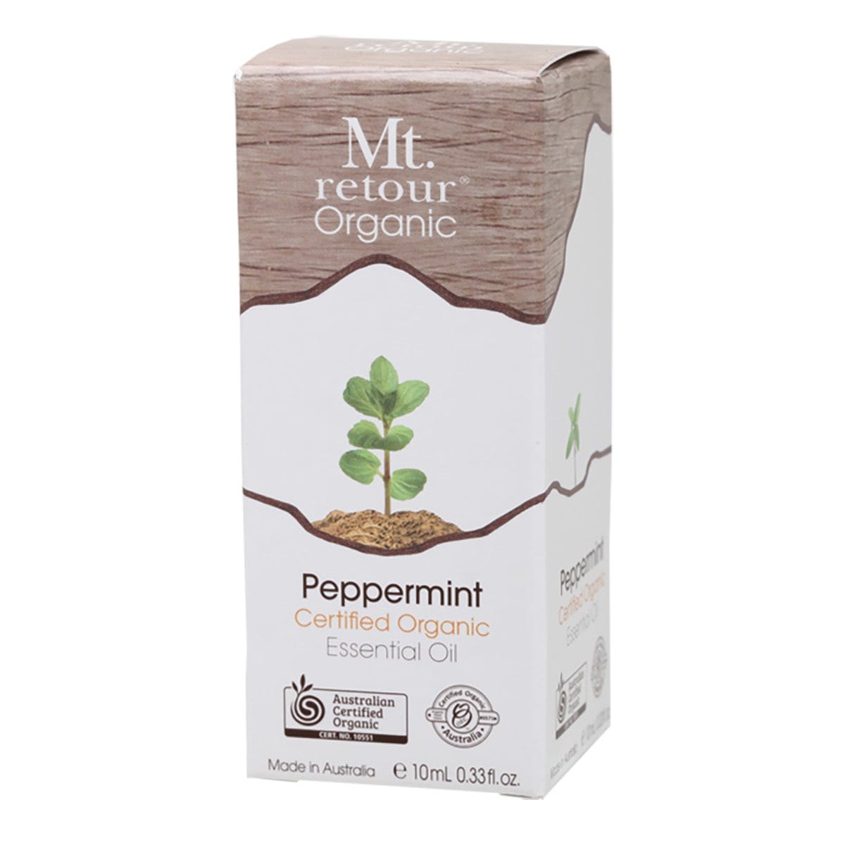 Mt Retour 100% peppermint essential oil 10ml bottle in a green and white box with organic certification logos.