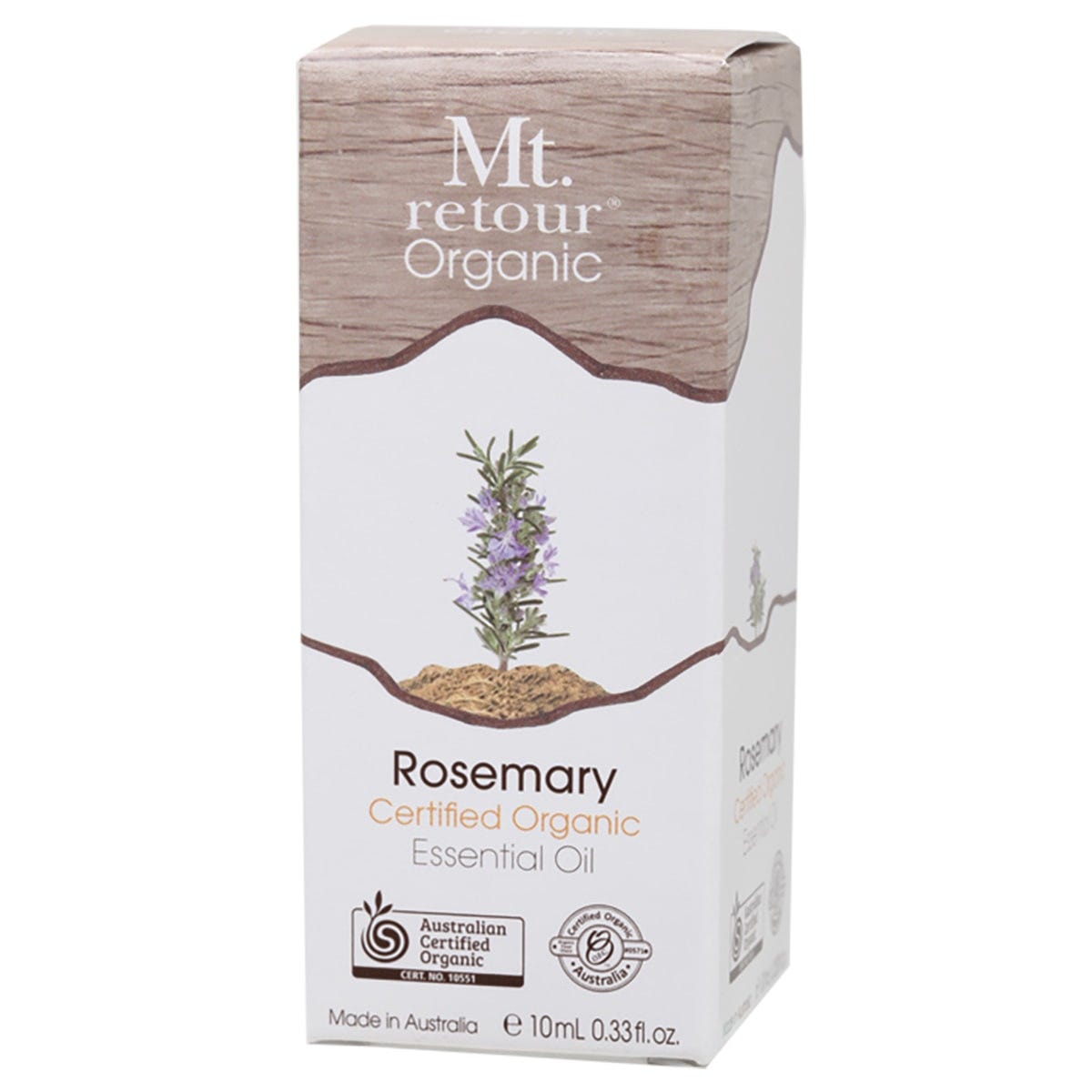 10ml bottle of Mt Retour 100% Rosemary Essential Oil with a green label and white cap on a white background.