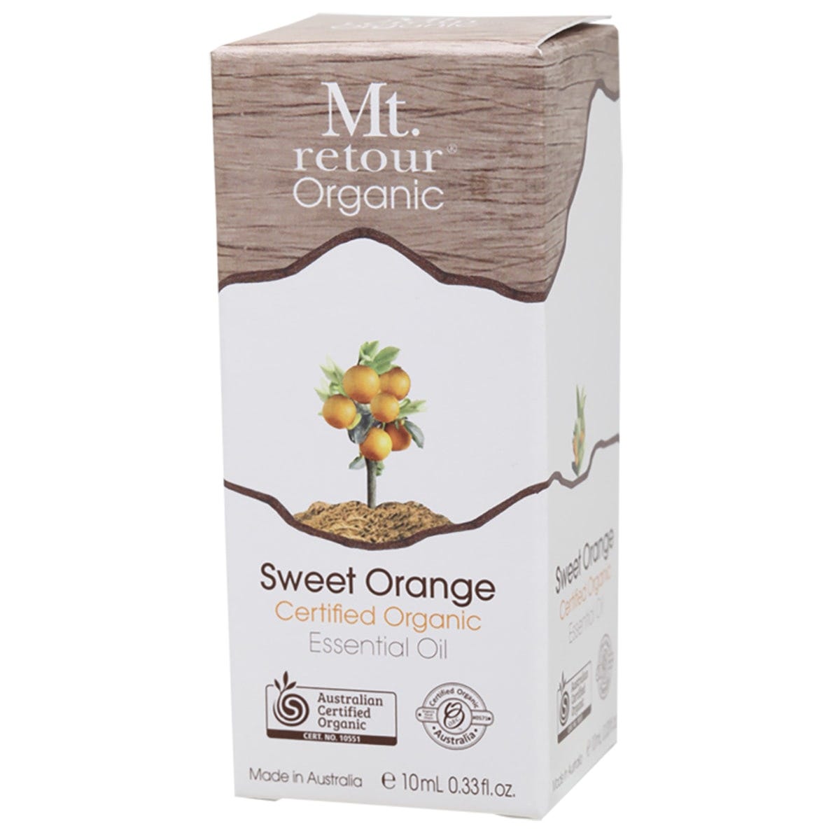 Mt Retour 10ml Sweet Orange Essential Oil bottle with a white and orange label on a clean white background.