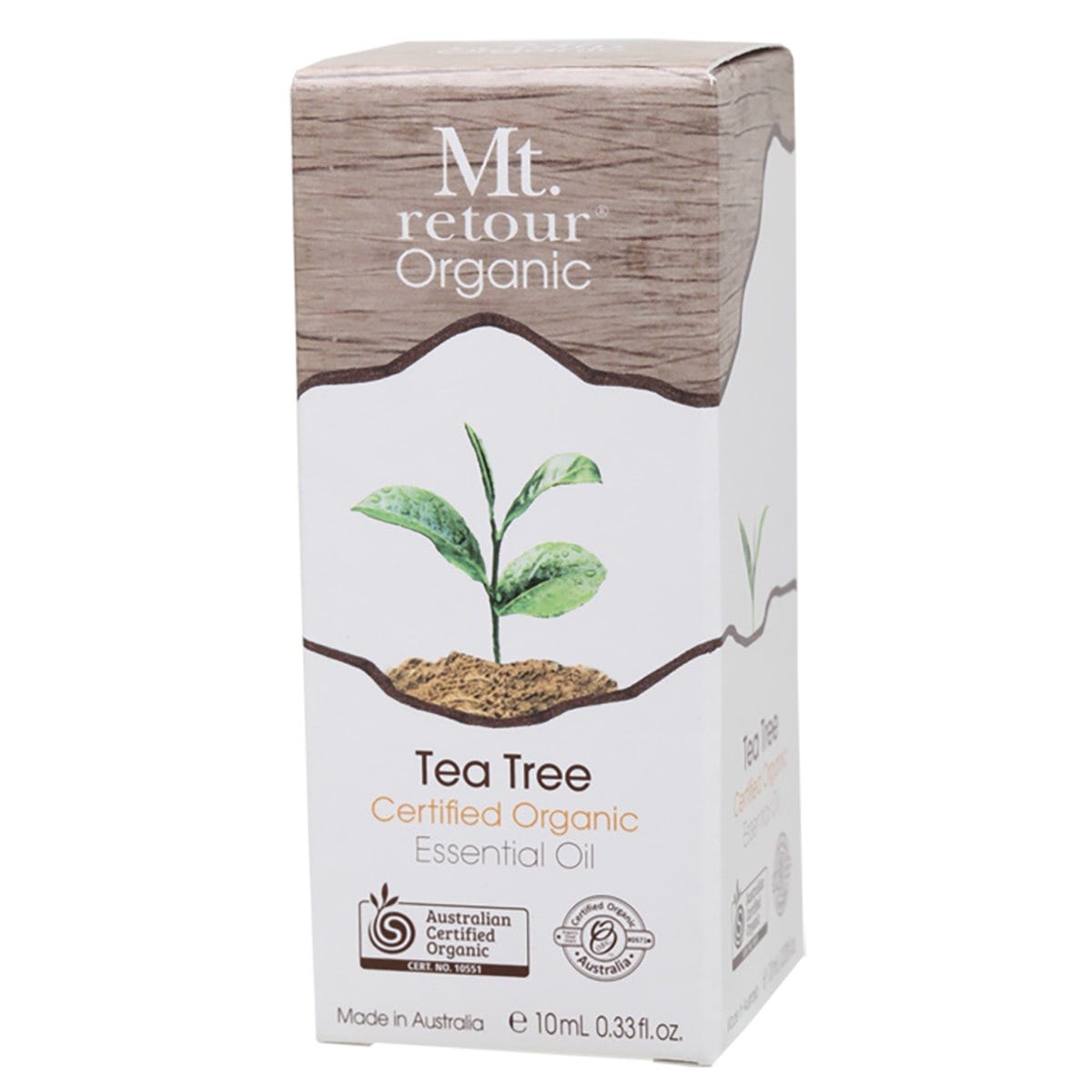 10ml bottle of Mt Retour 100% Tea Tree Essential Oil with a white cap and botanical label illustrations.