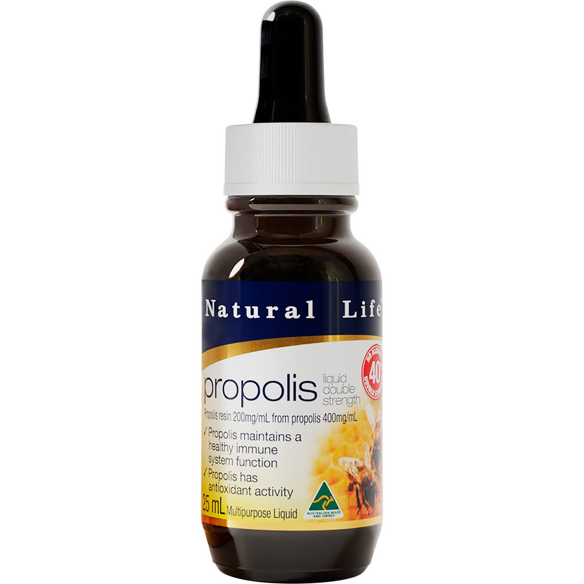 Natural Life Propolis Liquid 40% 25ml alcohol-free bottle with a yellow and white label on a white background.