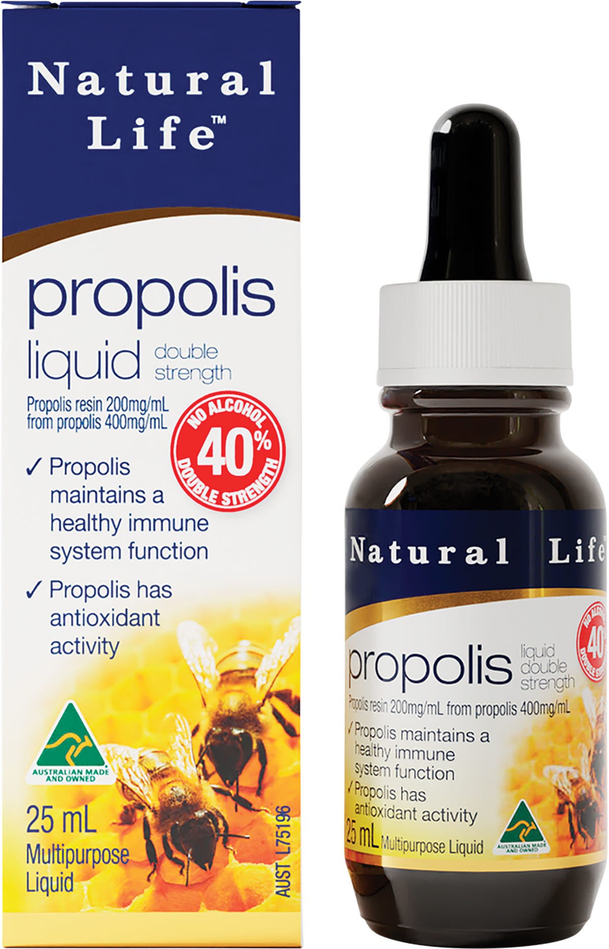 25ml bottle and box of Natural Life Propolis Liquid 40% alcohol-free antibacterial immune support.