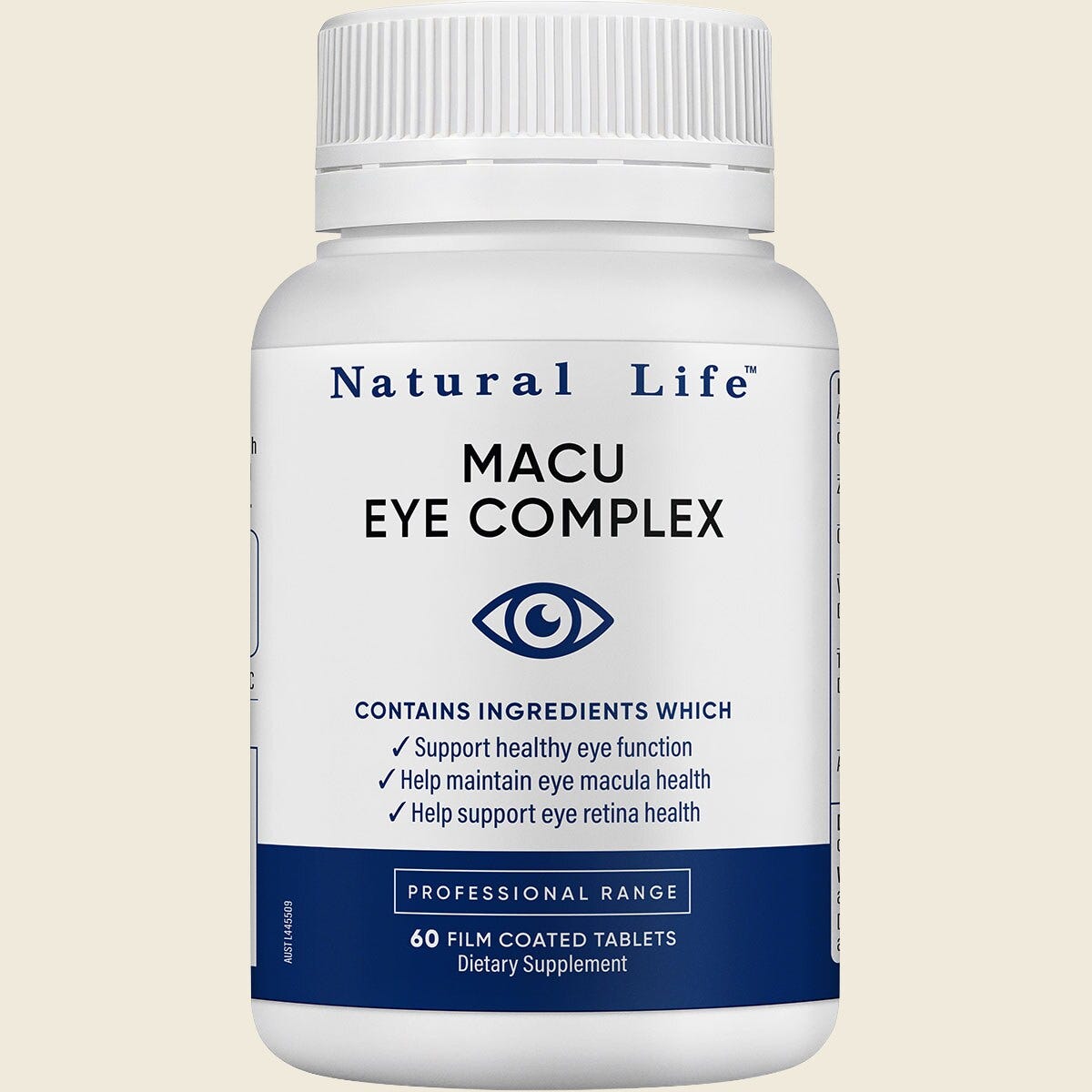 Natural Life Macu Eye Complex 60 capsules bottle featuring lutein, zeaxanthin, zinc, and bilberry for eye health.