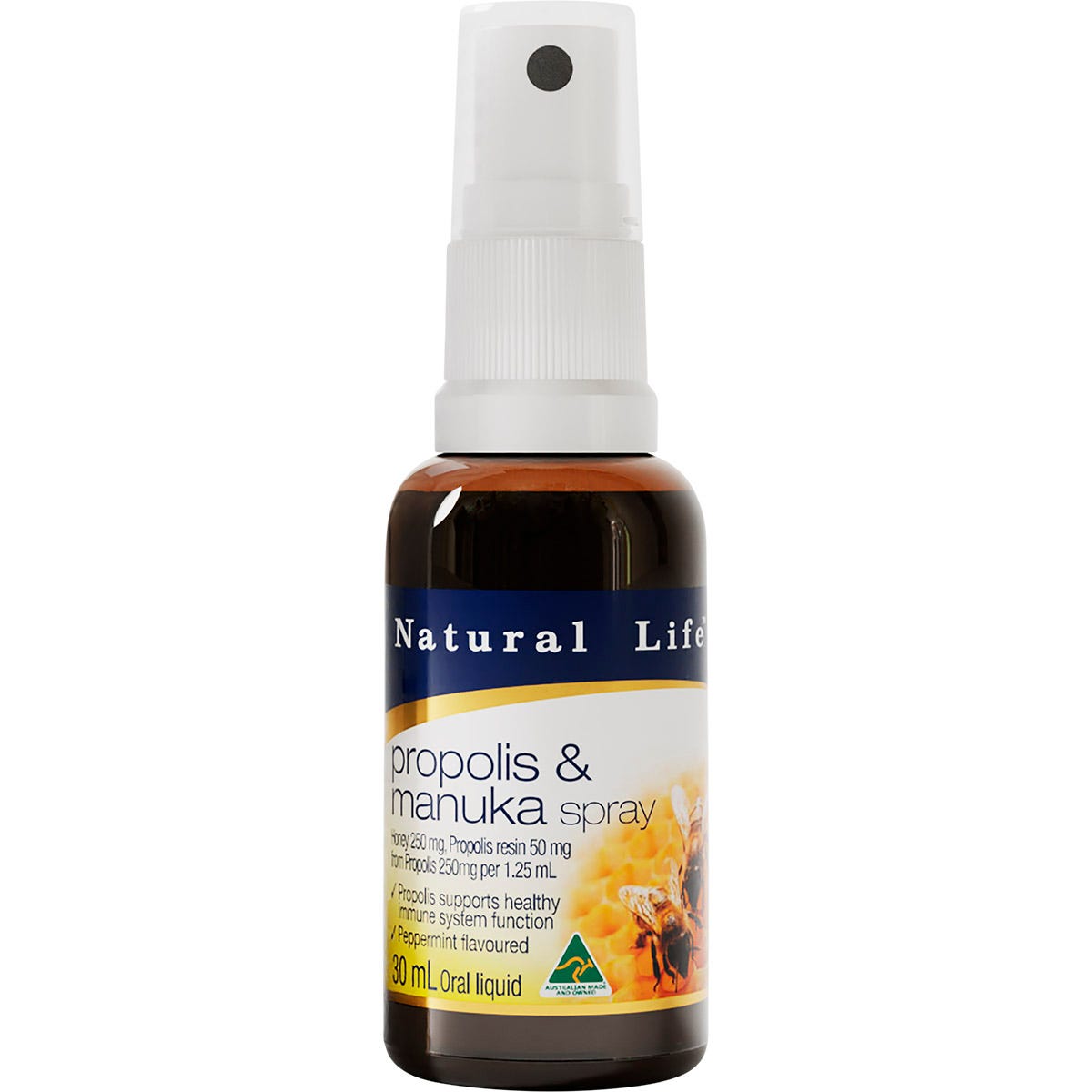 Natural Life 30ml Propolis and Manuka Honey Spray bottle with a yellow and brown label on a white background.