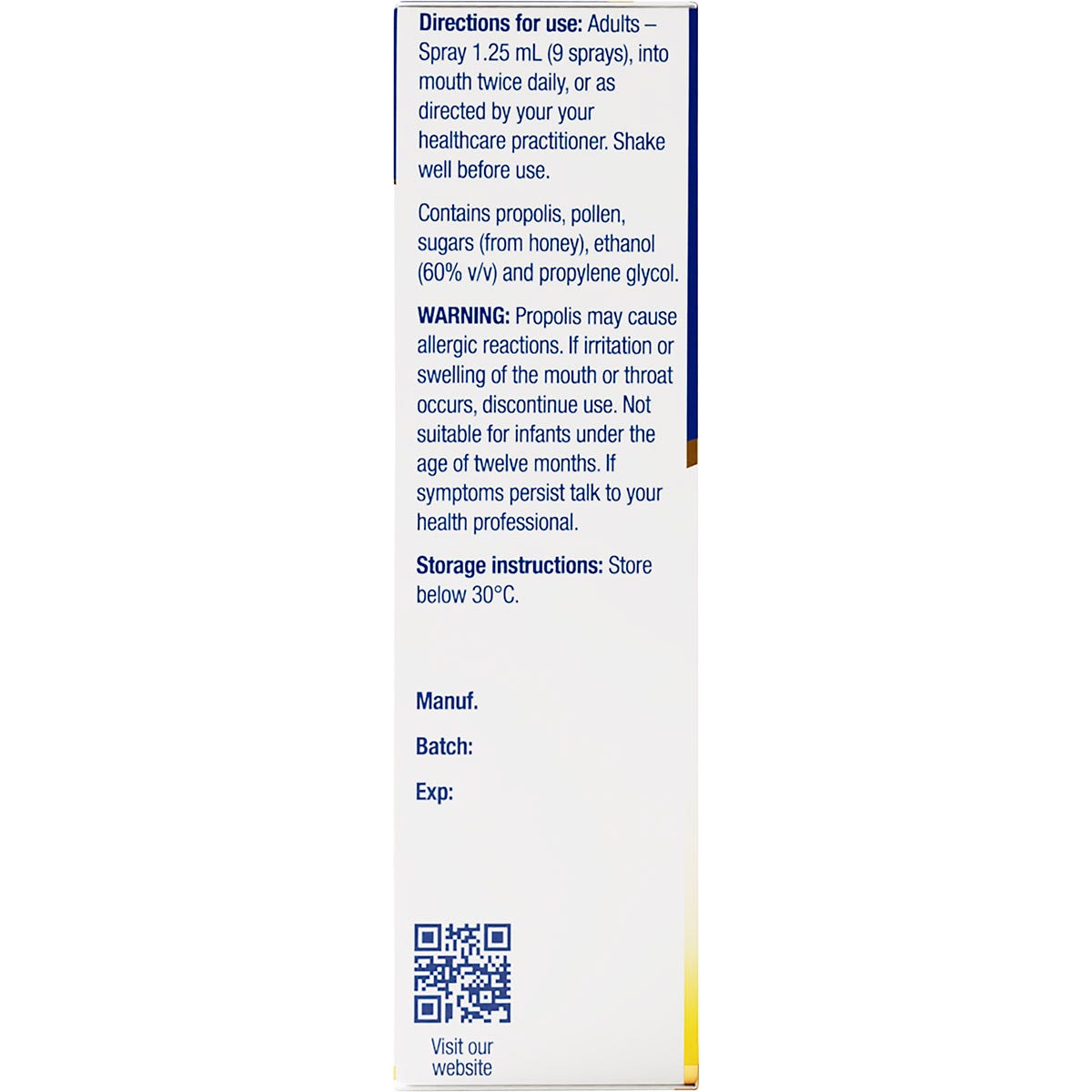 Back of a Natural Life Propolis & Manuka Spray box with directions, ingredients, and Australian-made logo.