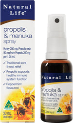 Natural Life Propolis & Manuka Honey Spray 30ml bottle and box set against a white background.