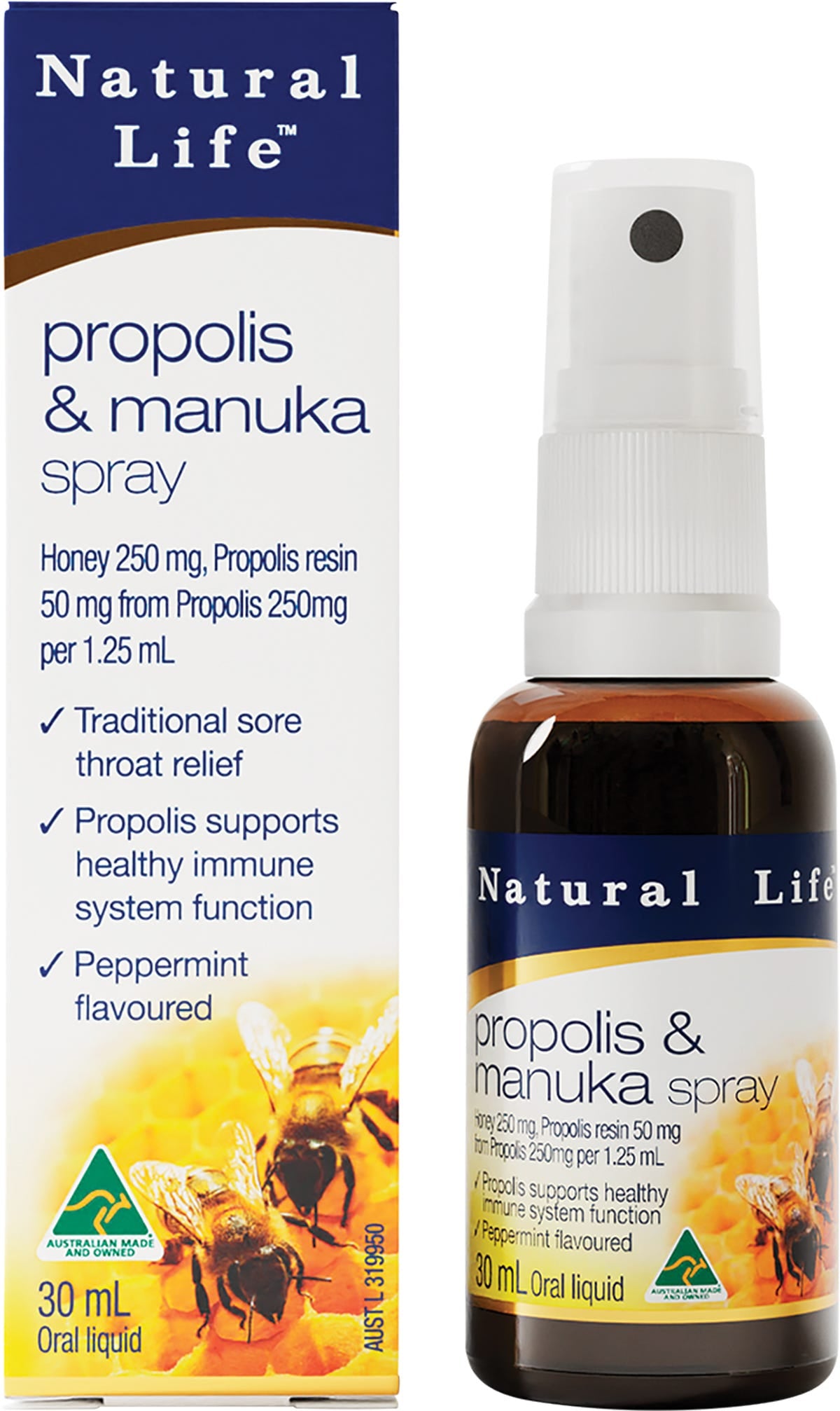 Natural Life Propolis & Manuka Honey Spray 30ml bottle and box set against a white background.