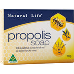 100g Natural Life Propolis Soap bar with tea tree, eucalyptus, and manuka honey in a white and green box.
