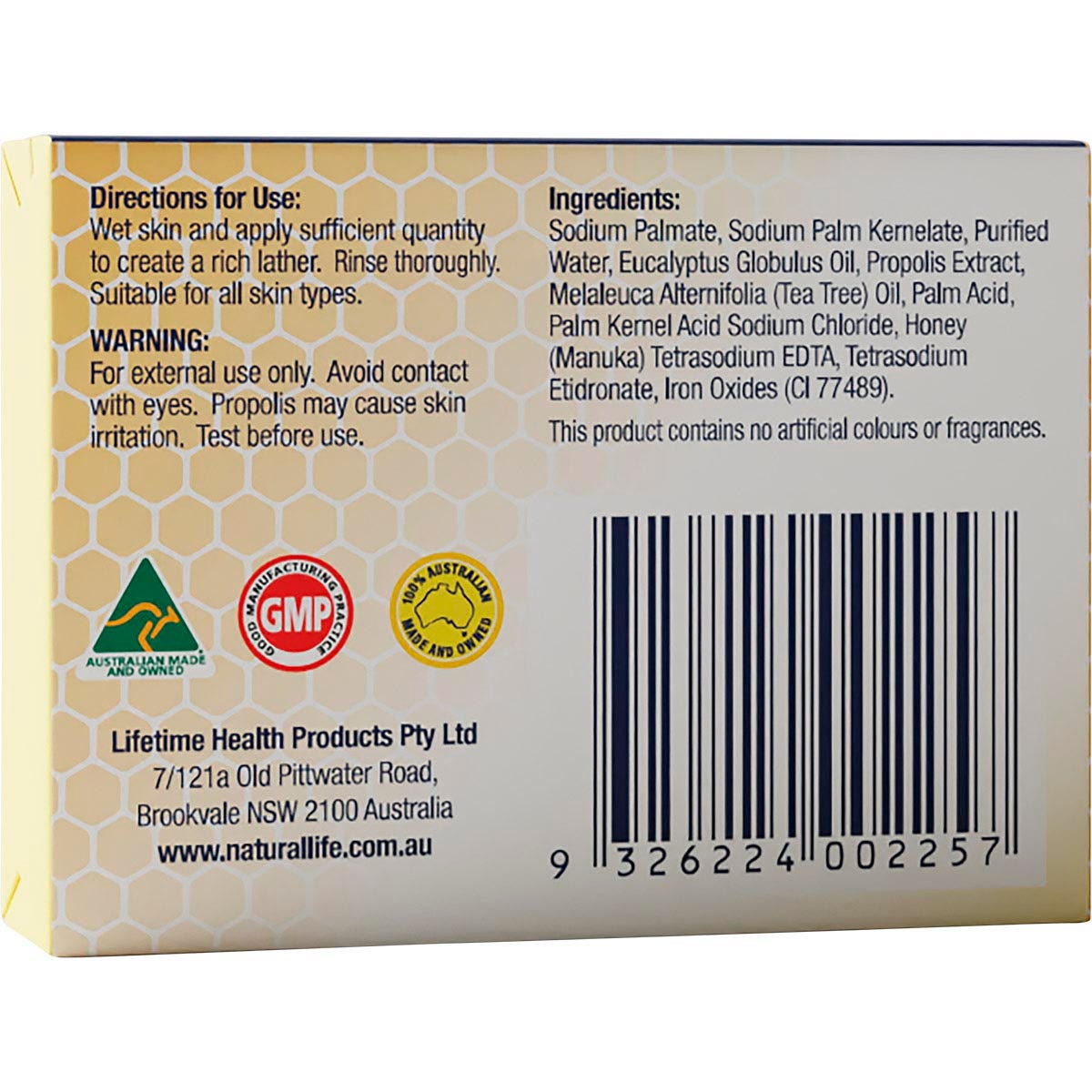 Back of the Natural Life Propolis Soap box showing ingredients, directions, and benefits on a white and green background.