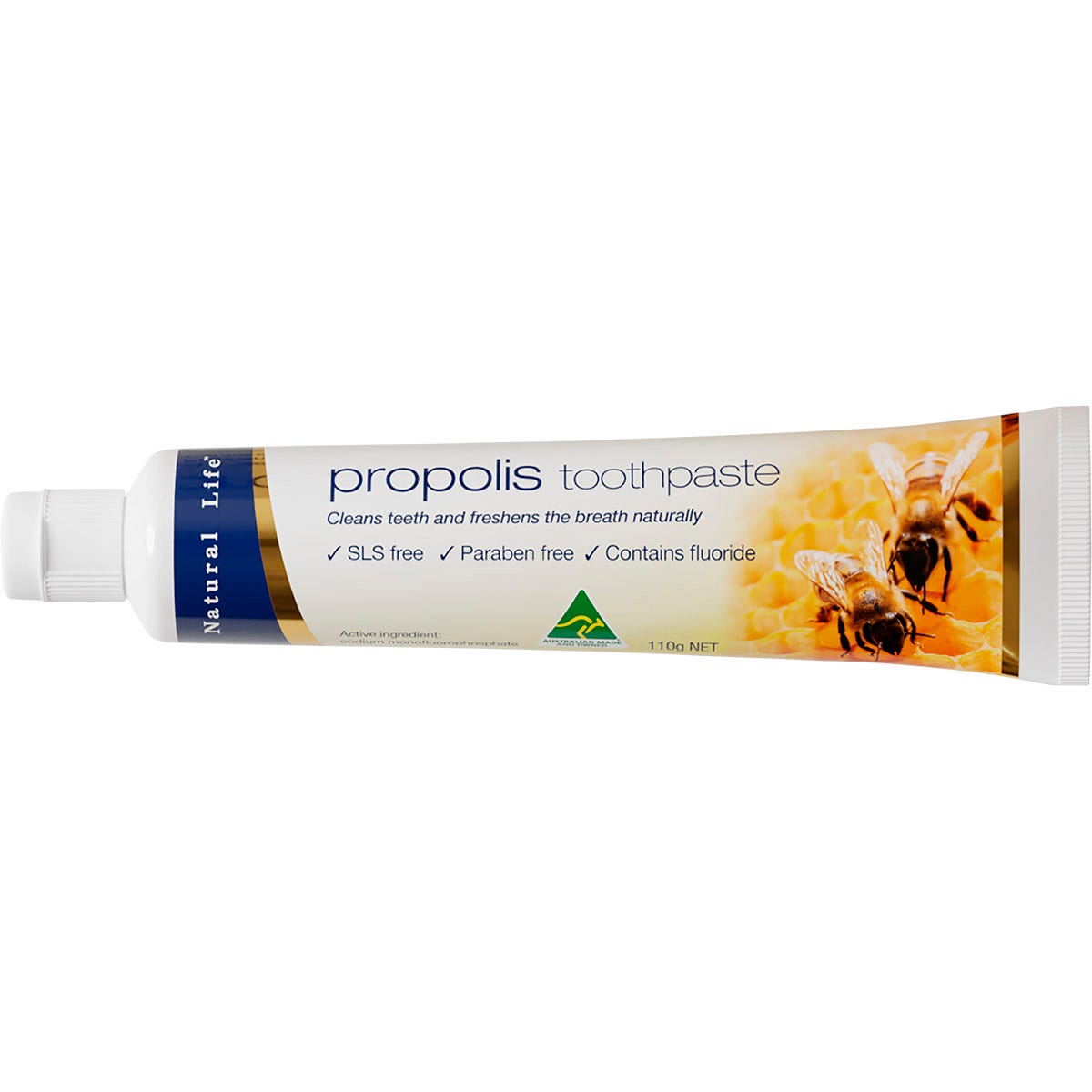 Natural Life Propolis Toothpaste 110g tube with peppermint and fluoride on a white background.