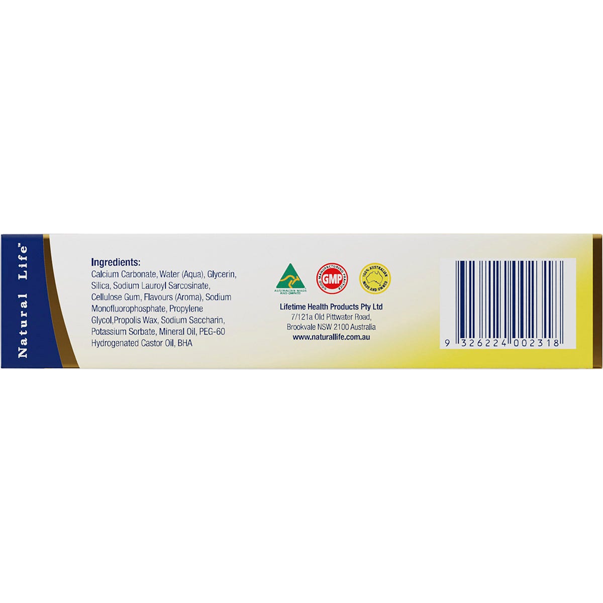 Back of Natural Life Propolis Toothpaste box showing ingredients, directions, and Australian made logo.