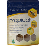 40-pack of Natural Life Propicol Propolis and Manuka Honey candies in a yellow bag with bee and honey illustrations.