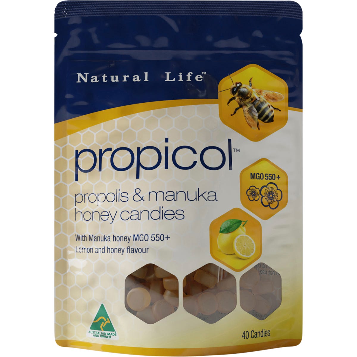 40-pack of Natural Life Propicol Propolis and Manuka Honey candies in a yellow bag with bee and honey illustrations.