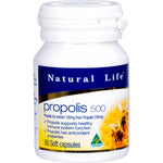 Natural Life Propolis 500mg bottle with 60 capsules for immune support on a white background.