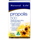 Retail box of Natural Life Propolis 500mg 60 capsules with bee and honeycomb illustrations on a white background.