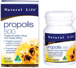 Bottle and box of Natural Life Propolis 500mg 60 capsules for immune support on a white background.