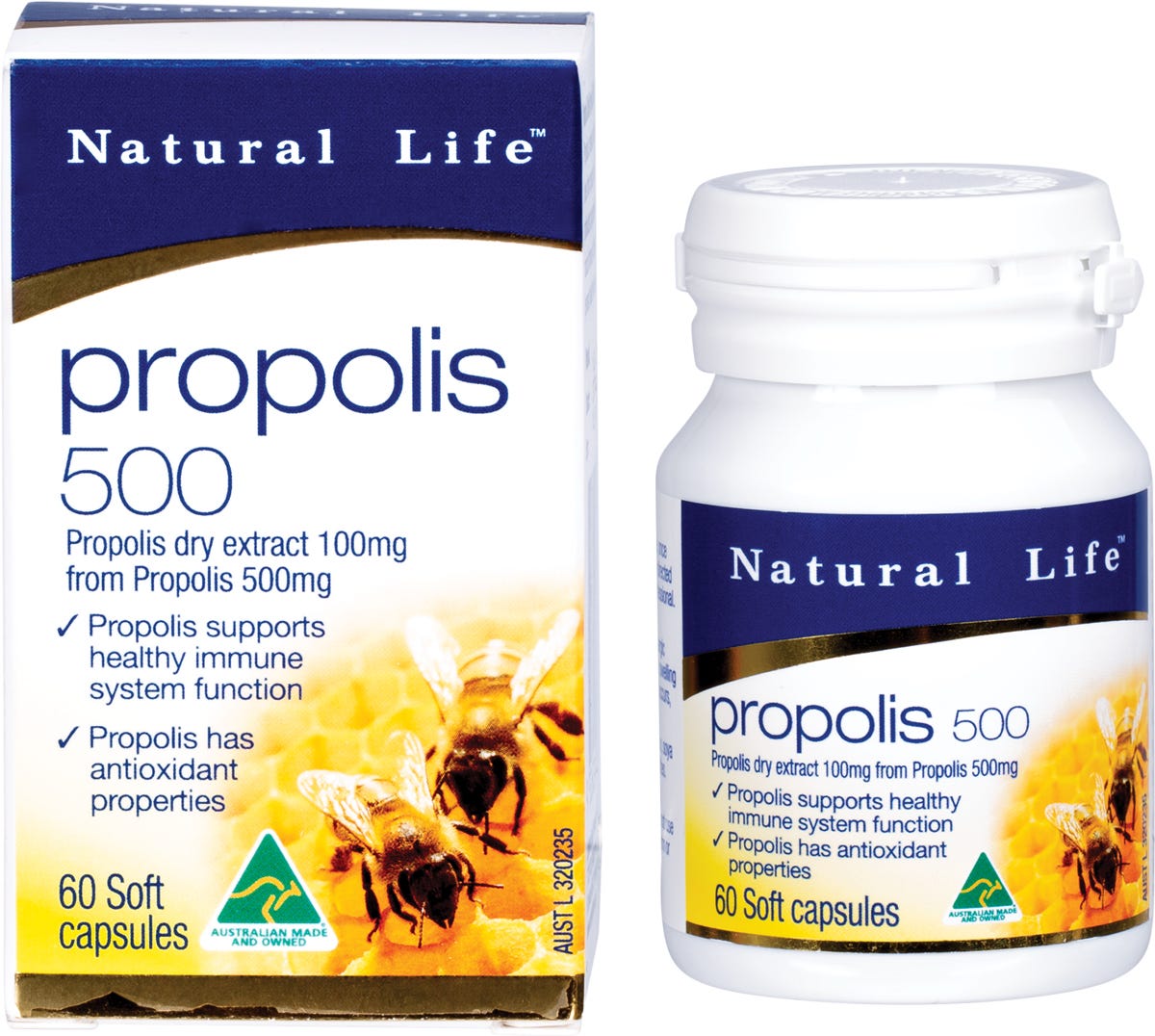 Bottle and box of Natural Life Propolis 500mg 60 capsules for immune support on a white background.