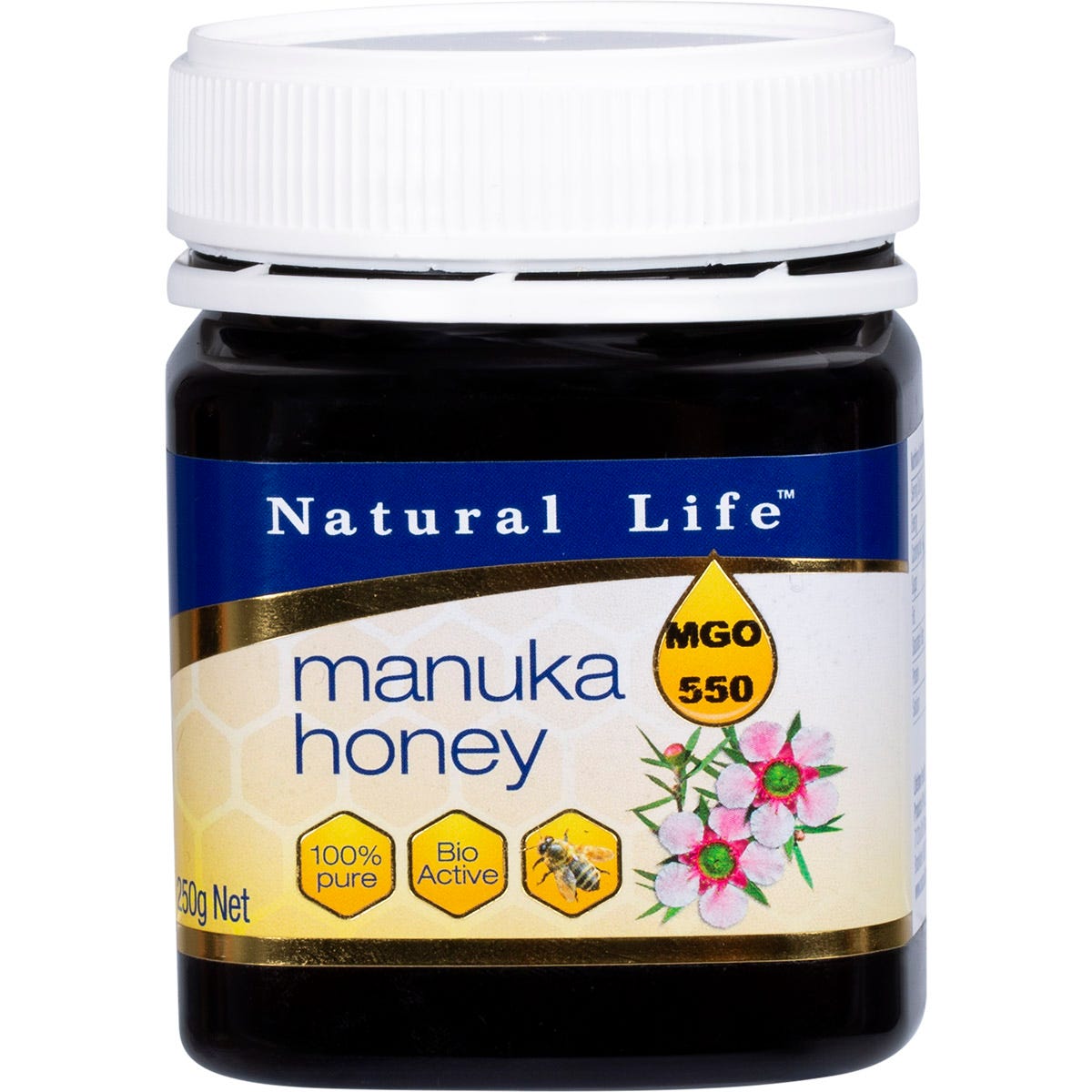 250g jar of Natural Life Manuka Honey MGO 550 on a white background with a gold and black label.