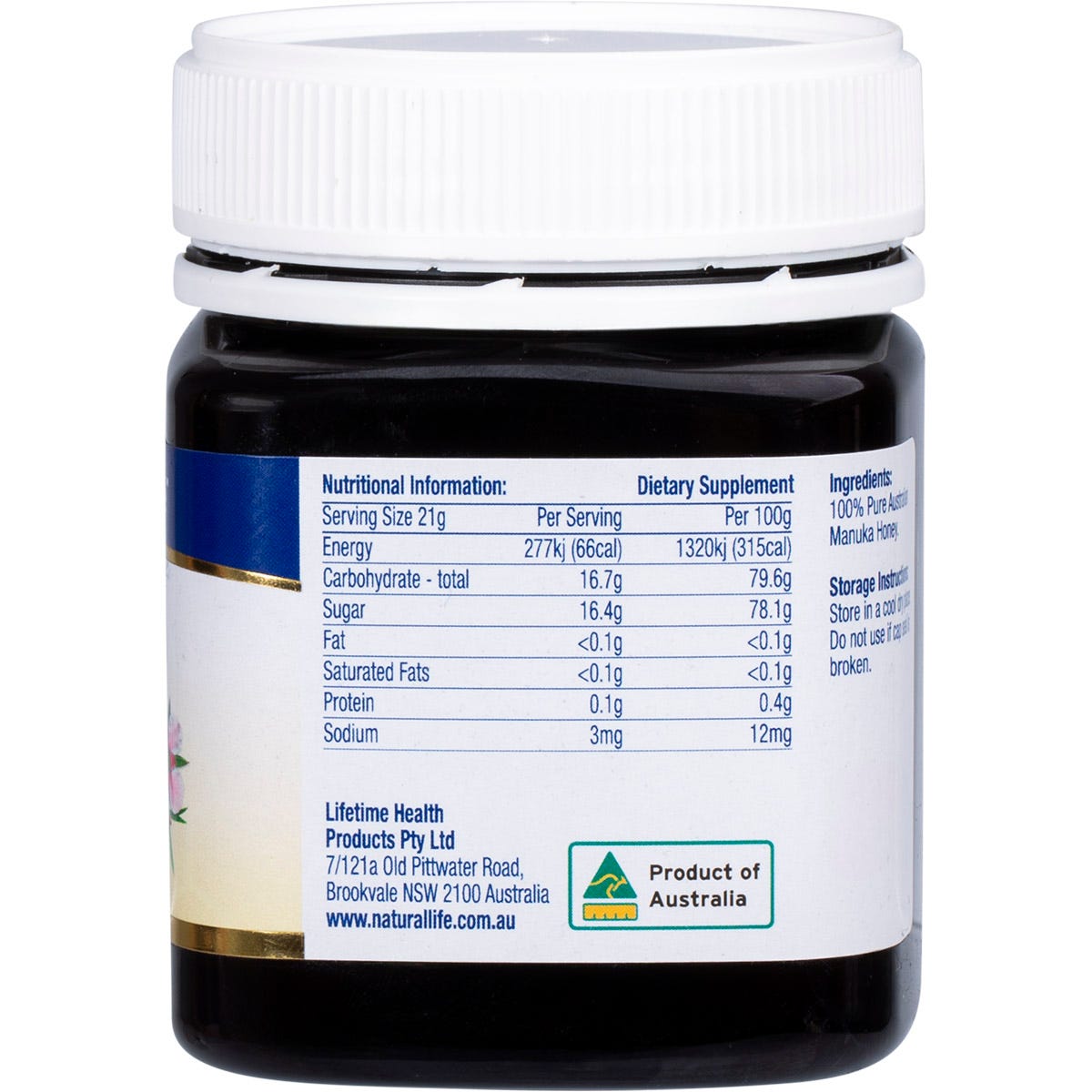 Side view of a 250g jar of Natural Life Manuka Honey MGO 550 with a black and gold label on a white background.