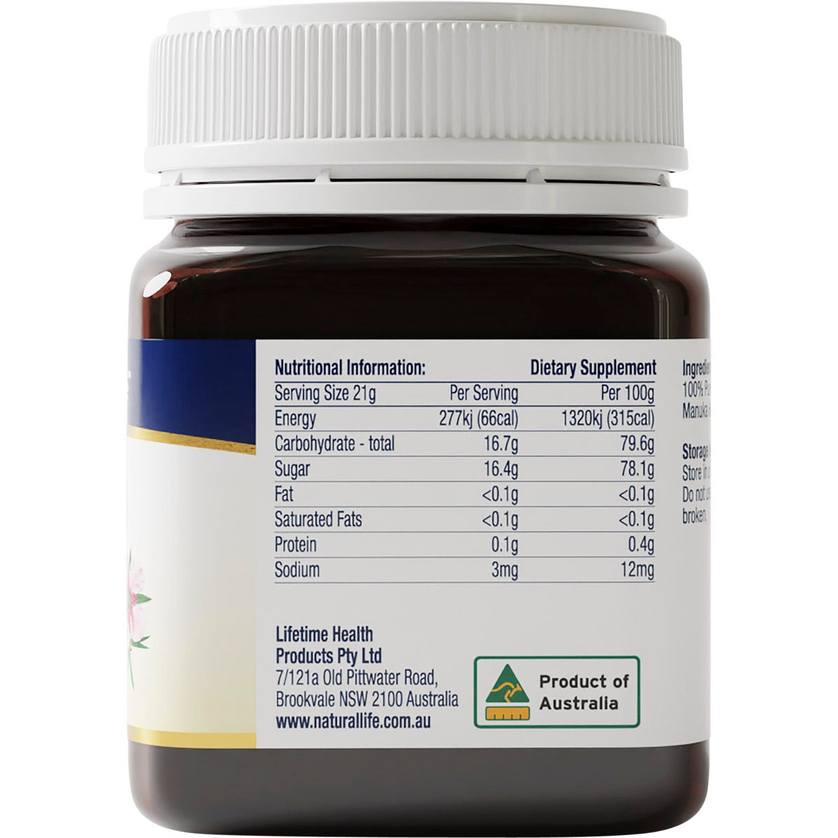 Natural Life Manuka Honey MGO 800 250g jar shown from a side angle, highlighting its blue and gold label.