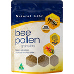 250g jar of Natural Life Bee Pollen Granules with a gold lid and multi-colored granules visible inside.