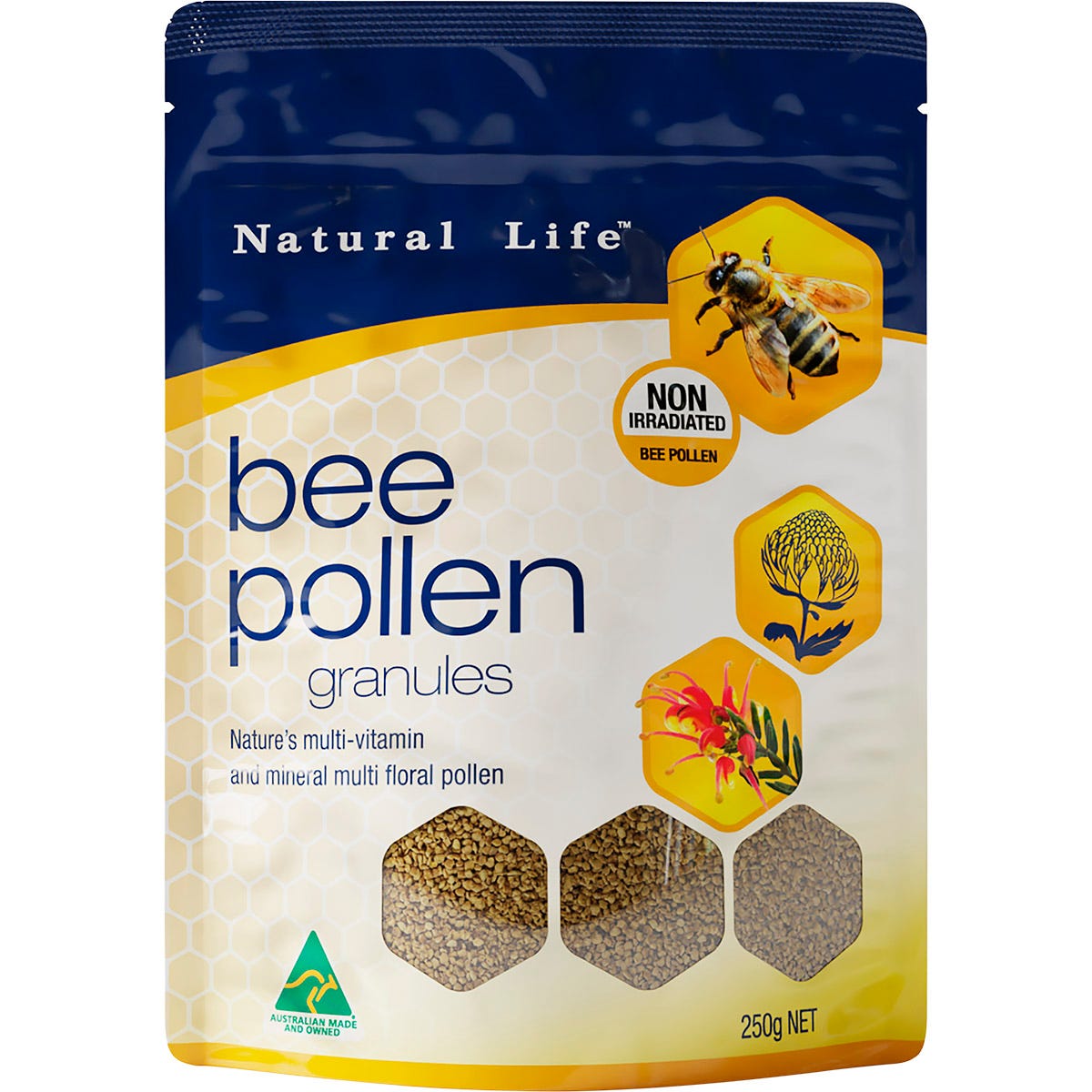 250g jar of Natural Life Bee Pollen Granules with a gold lid and multi-colored granules visible inside.