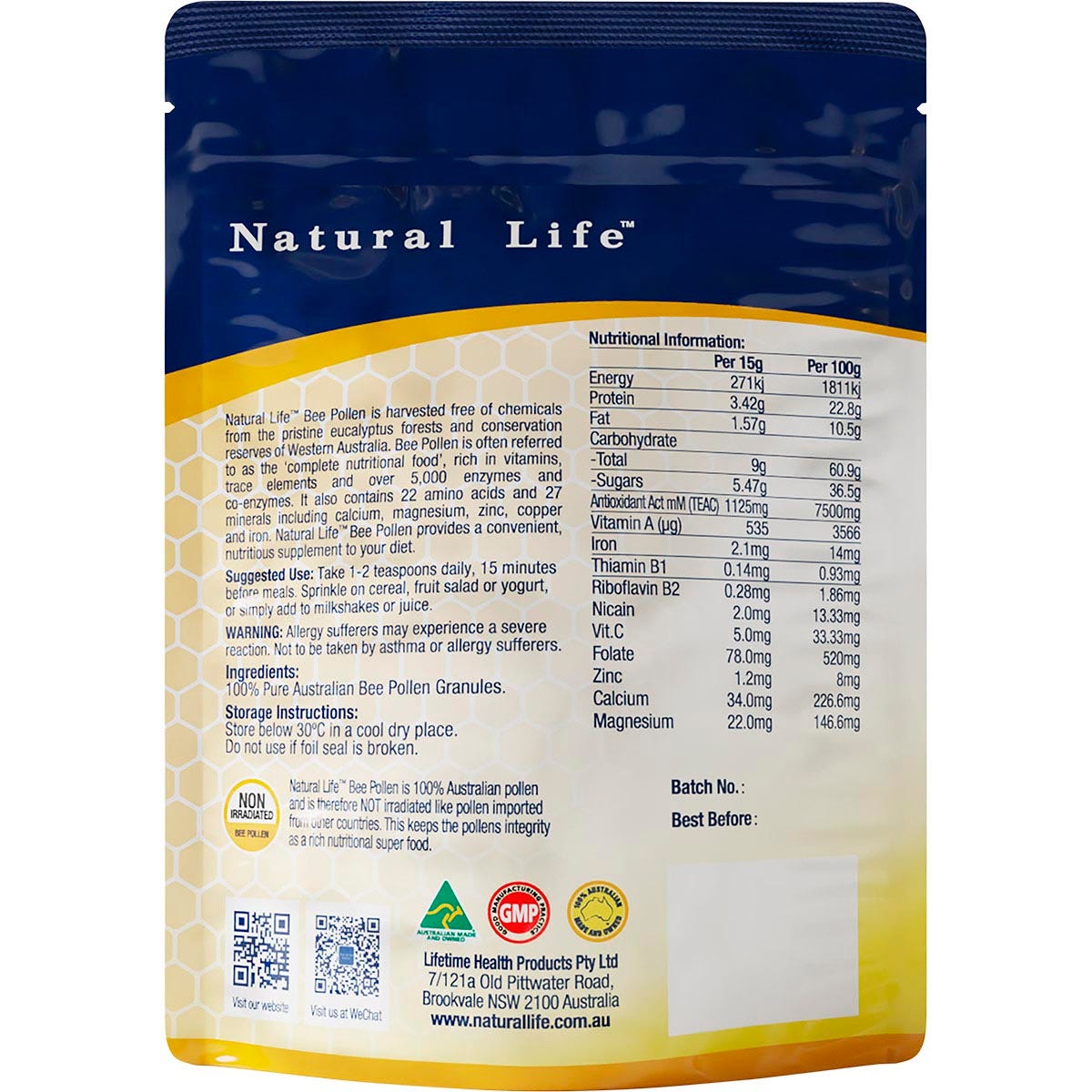 The back label of a 250g jar of Natural Life Bee Pollen Granules showing directions, storage, and nutritional facts.