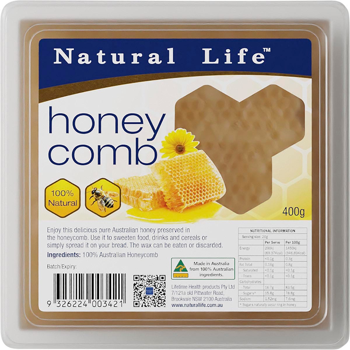 400g tub of Natural Life 100% Raw Australian Honeycomb harvested from New South Wales hives.