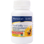 Natural Life Royal Jelly 1000mg 60 capsules glass bottle with a white and orange label on a white background.