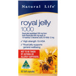 White Natural Life Royal Jelly 1000mg 60 capsules retail box with orange accents and a bee illustration.