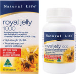 Natural Life Royal Jelly 1000mg 60 capsules bottle and box featuring a bee illustration on a white background.