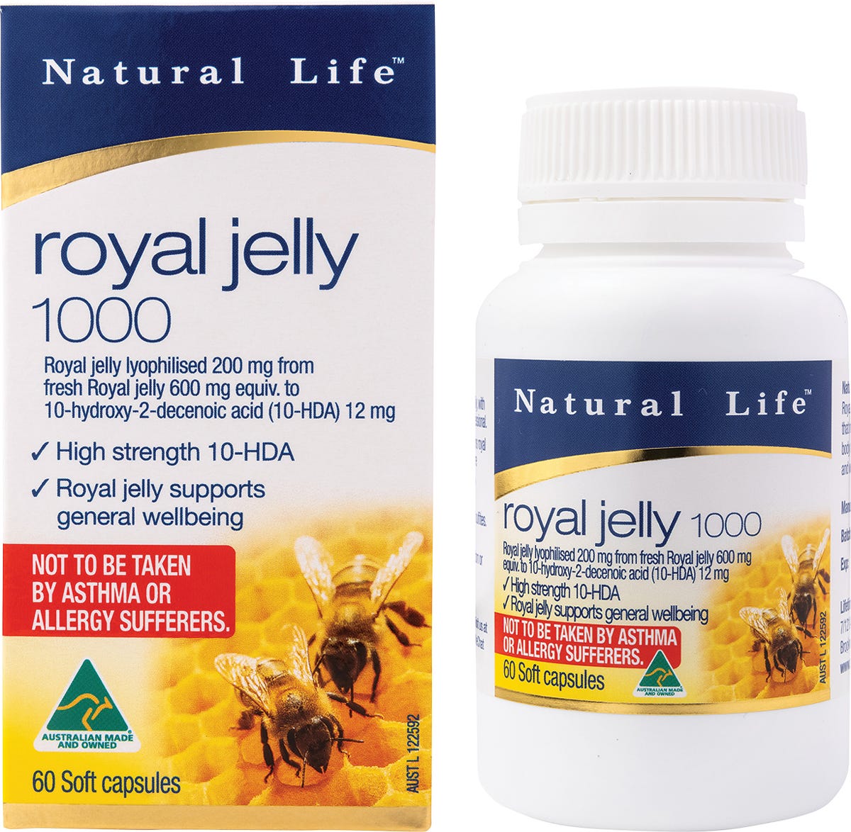 Natural Life Royal Jelly 1000mg 60 capsules bottle and box featuring a bee illustration on a white background.