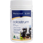 Natural Life Colostrum 45mg IgG bottle of 200 chewable tablets with a yellow label on a white background.