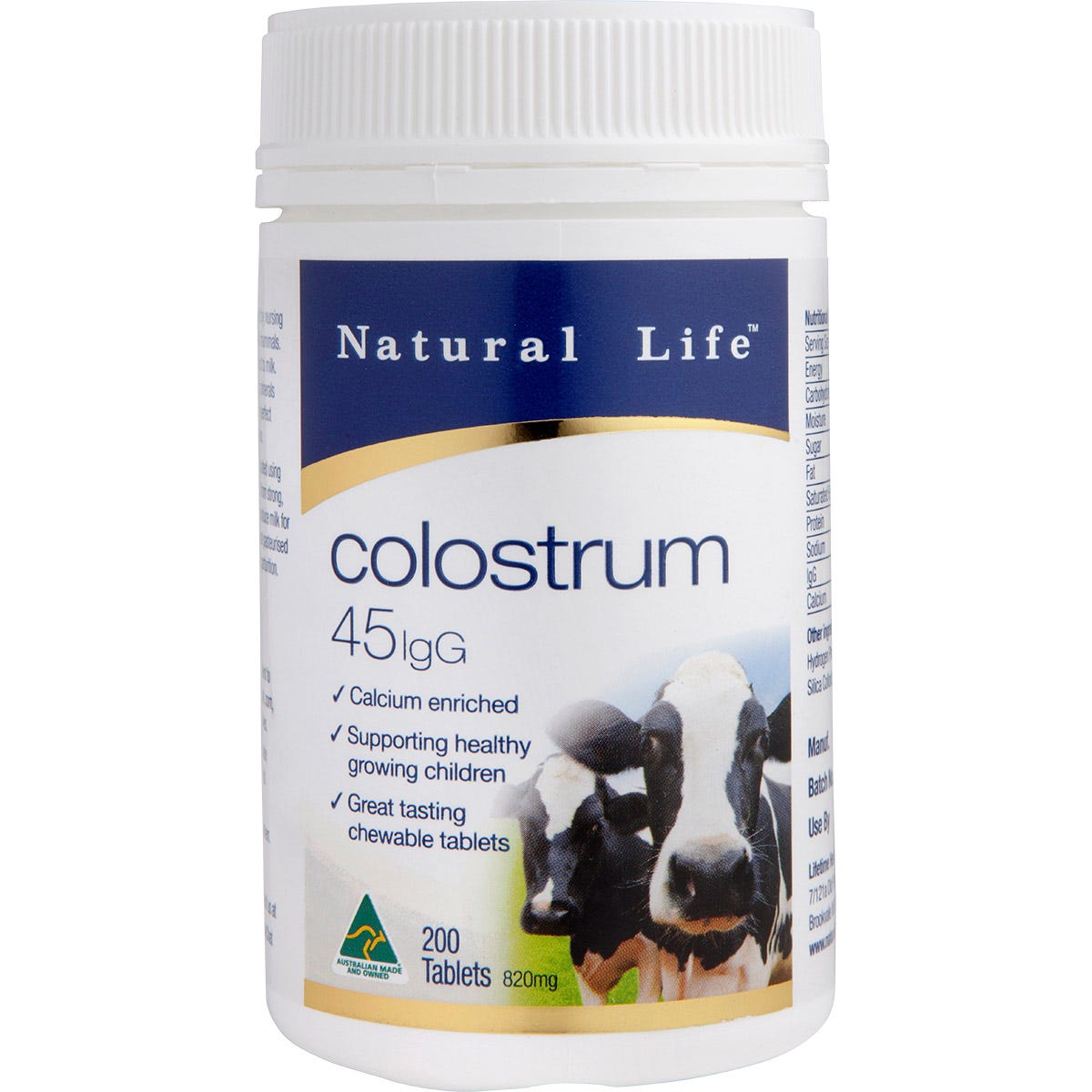 Natural Life Colostrum 45mg IgG bottle of 200 chewable tablets with a yellow label on a white background.