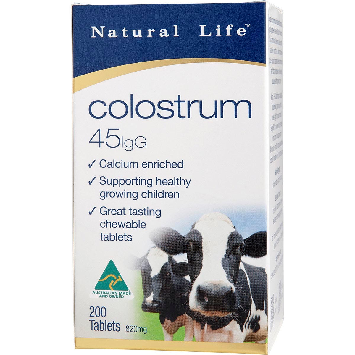 Yellow box of Natural Life Colostrum 45mg IgG 200 chewable tablets with immune and gut support labels on a white background.