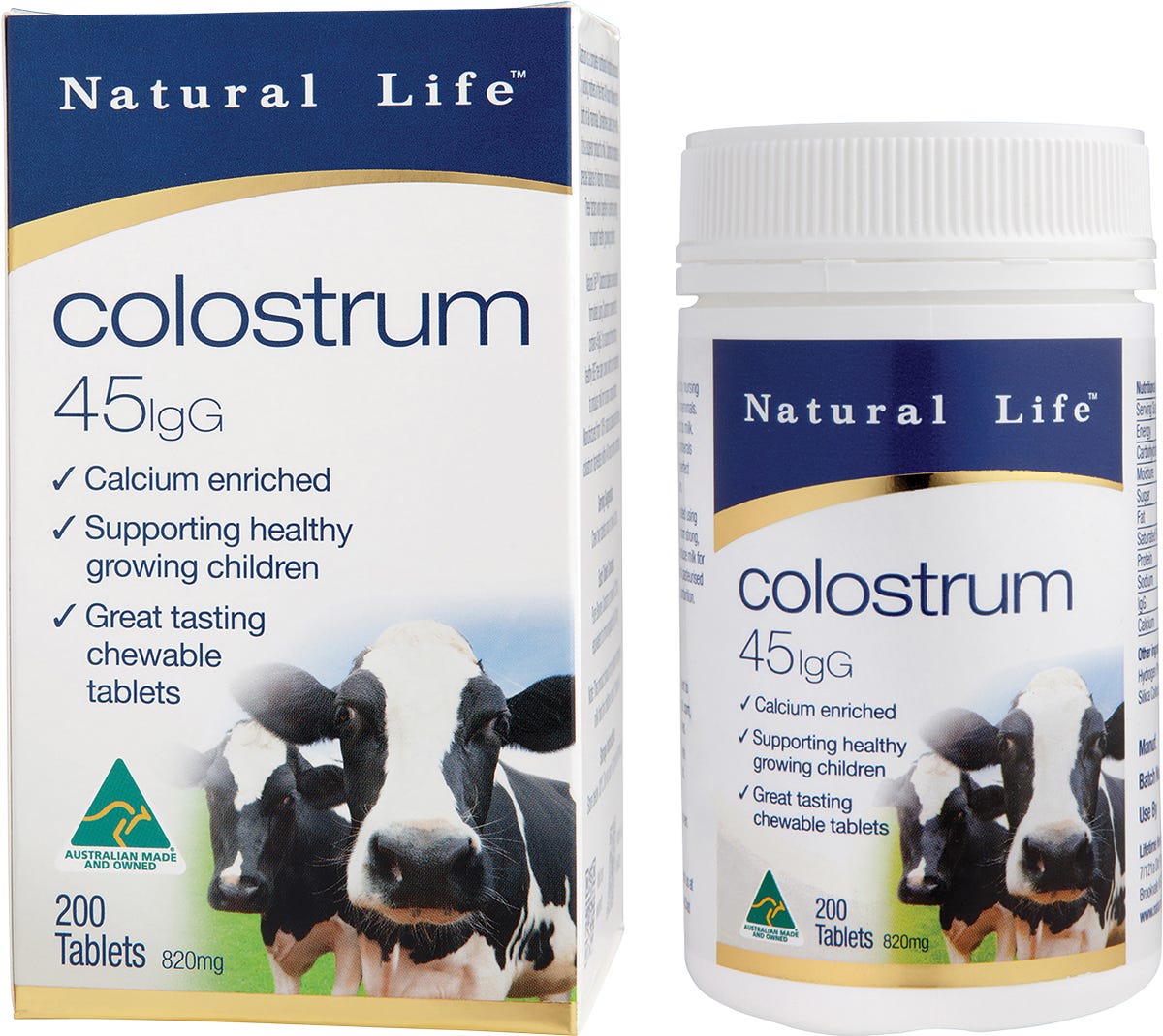 Natural Life Colostrum 45mg IgG 200 chewable tablets bottle and box with a yellow label on a white background.