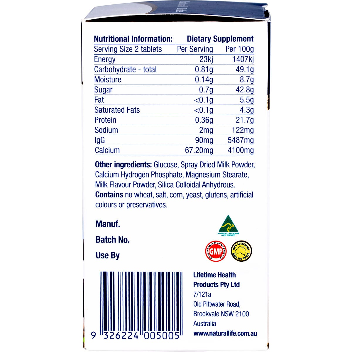 Side view of Natural Life Colostrum 200 caps bottle and box showing dosage, ingredients, and Australian Made logo.