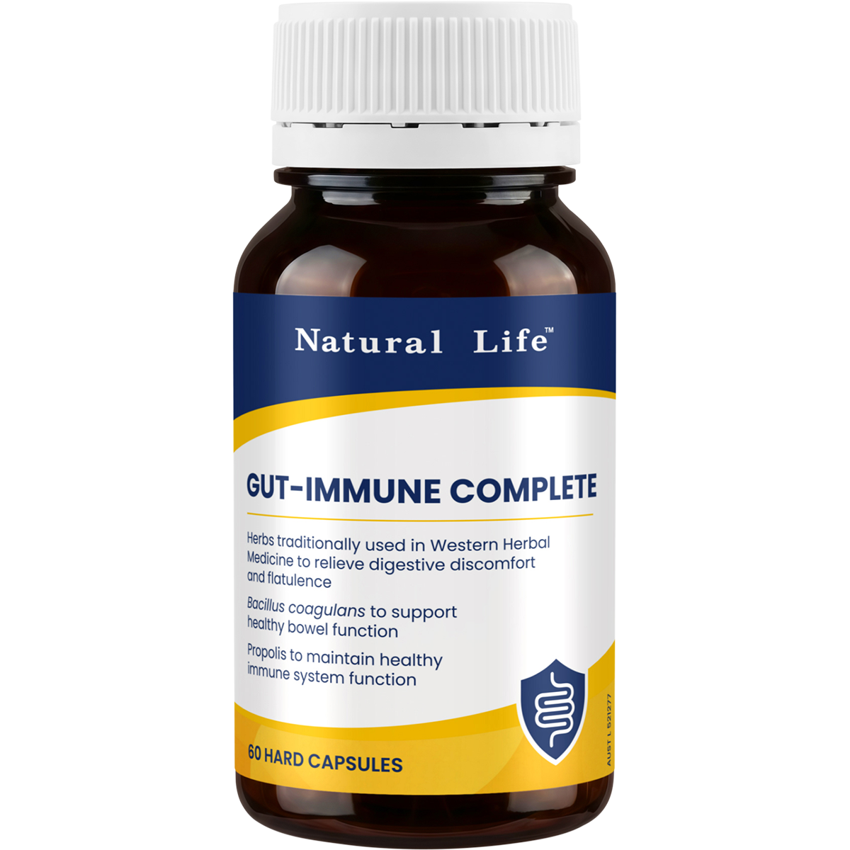 A bottle of Natural Life Gut-Immune Complete dietary supplement, 60 hard capsules, featuring a dark amber brown bottle, white cap, and a blue and white label with yellow accents.