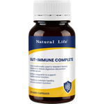 A bottle of Natural Life Gut-Immune Complete dietary supplement, 60 hard capsules, featuring a dark amber brown bottle, white cap, and a blue and white label with yellow accents.