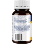 Back view of an amber glass supplement bottle with a white ribbed cap, showing the printed label details including directions, warnings, and a barcode.