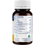 A brown amber bottle of Nature's Path Bacillus coagulans MTCC 5290 with a white ribbed cap, showing the back of the label with text details and a yellow vertical band on a white background.
