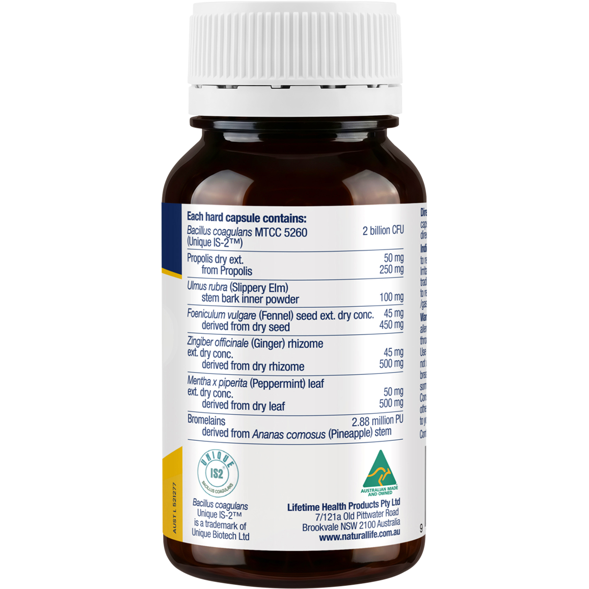 A brown amber bottle of Nature's Path Bacillus coagulans MTCC 5290 with a white ribbed cap, showing the back of the label with text details and a yellow vertical band on a white background.