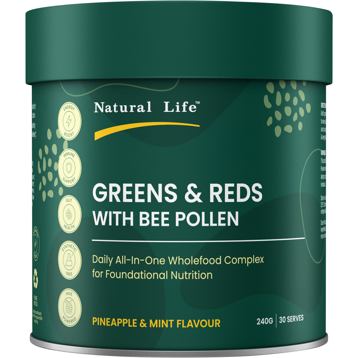 A dark green cylindrical canister of Natural Life Greens & Reds with Bee Pollen, Pineapple & Mint Flavour, on a plain white background.