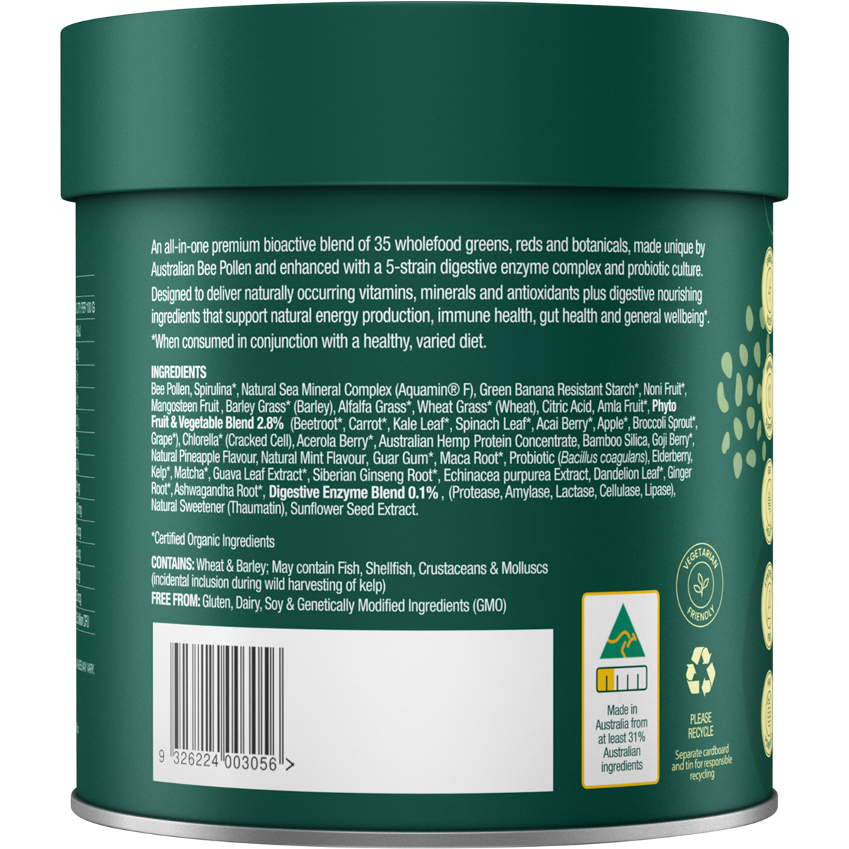 Back view of a cylindrical canister of Nutrafin Probiotics, showing the product ingredients, barcode, and recycling information on a white background.