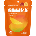 80g bag of Nibblish Gently Baked Mango on a white background with tropical leaf and whole mango illustrations.