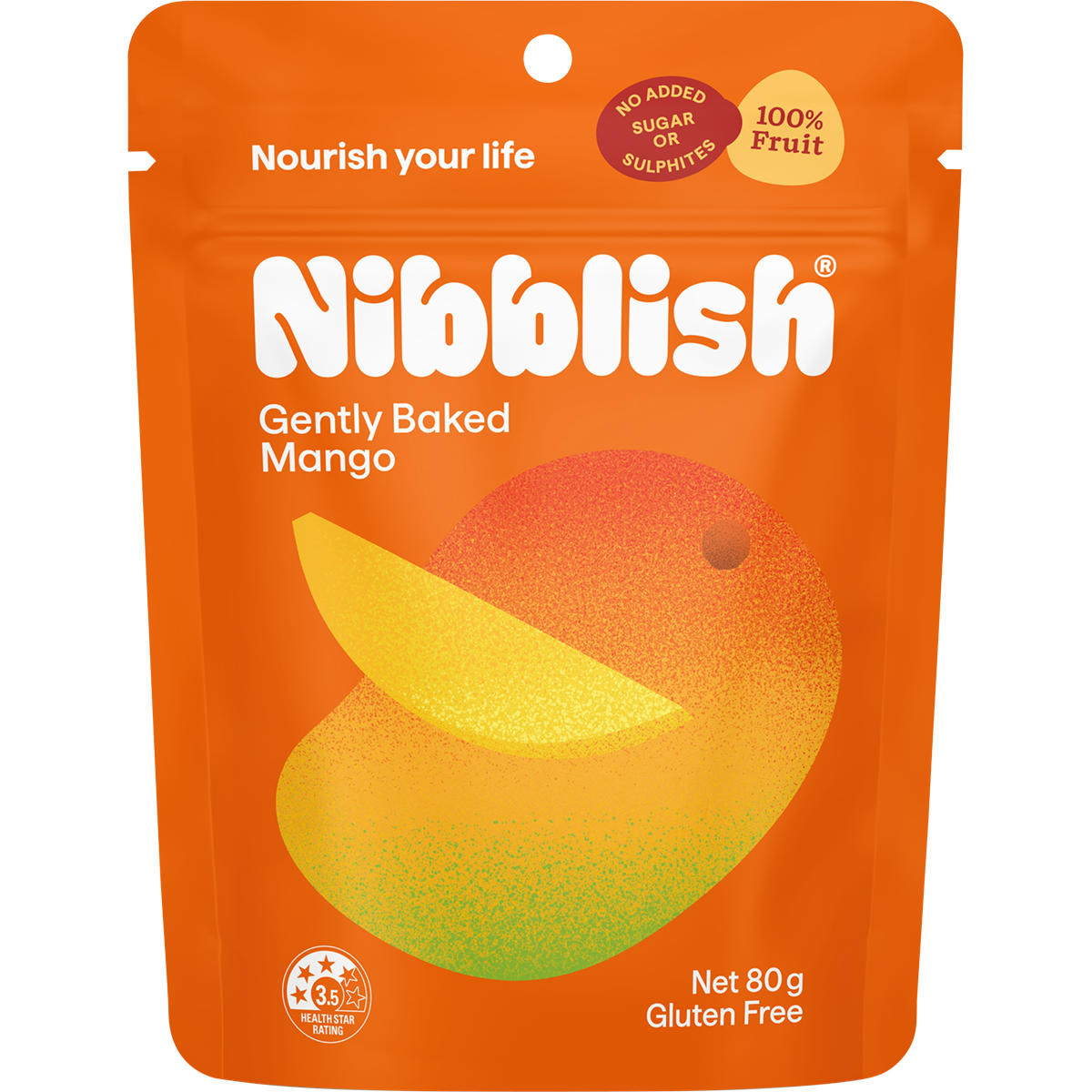 80g bag of Nibblish Gently Baked Mango on a white background with tropical leaf and whole mango illustrations.