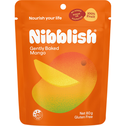 80g bag of Nibblish Gently Baked Mango on a white background with tropical leaf and whole mango illustrations.