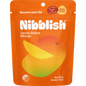 80g bag of Nibblish Gently Baked Mango on a white background with tropical leaf and whole mango illustrations.